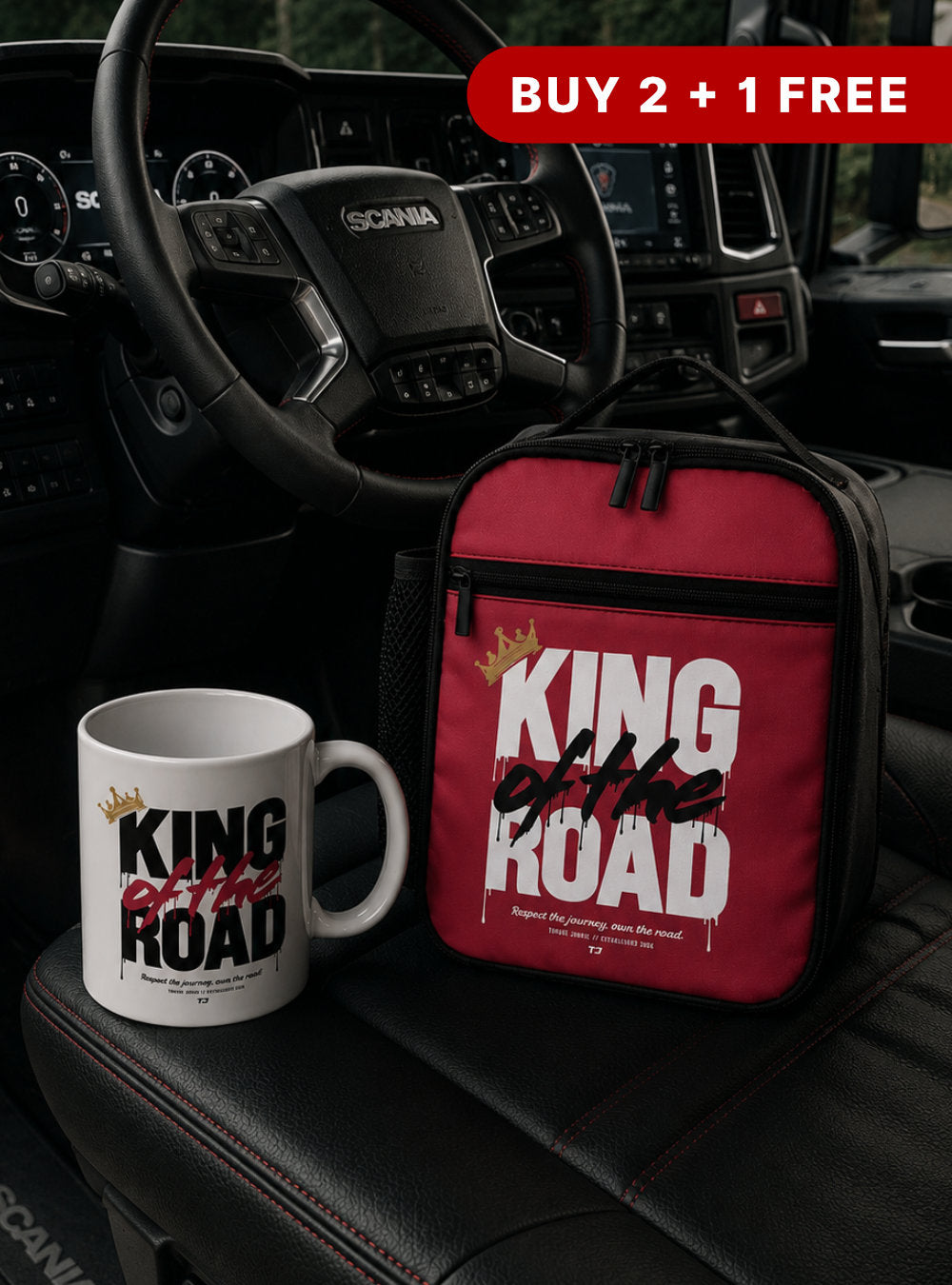 Red bag and white mug with 'King of the Road' text on a car dashboard, promotional text at the top.